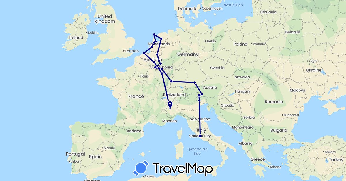 TravelMap itinerary: driving in Austria, Belgium, Germany, France, Italy, Luxembourg, Netherlands (Europe)